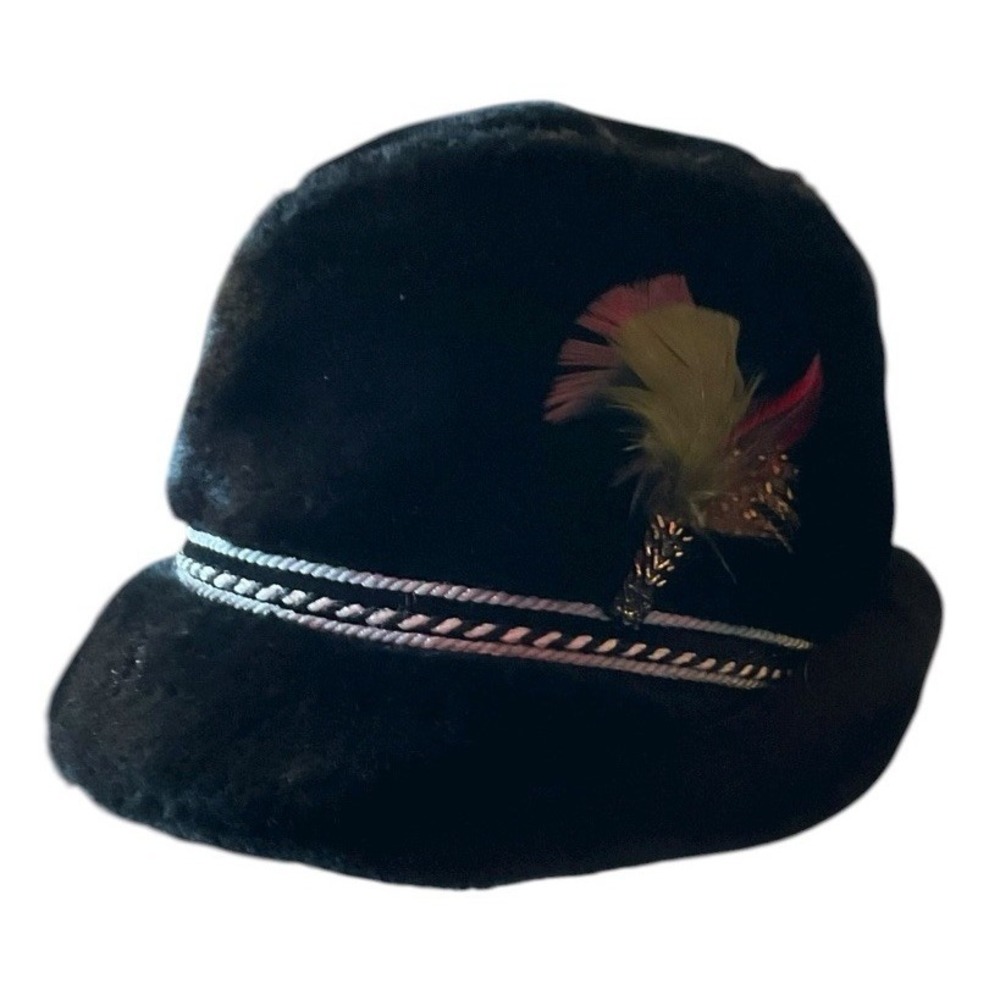 Vintage  Faux Fur Fedora Feathered Hat Black